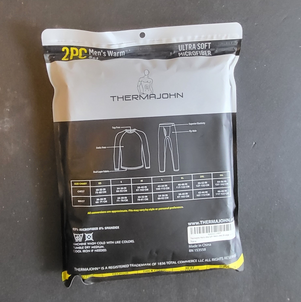 Thermajohn 2 Piece Long Johns, Black Mens XL NWT